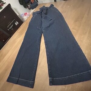 J.Crew Jeans Womens 27 Blue High Rise Wide Leg Belted Dark Wash Denim Stretch